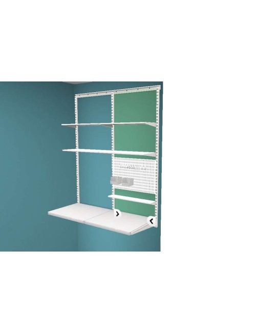 Elfa Bureau 125cm Medium Blanc, un rangement alliant le bois et l'acier pour un dressing moduloable et élégant.