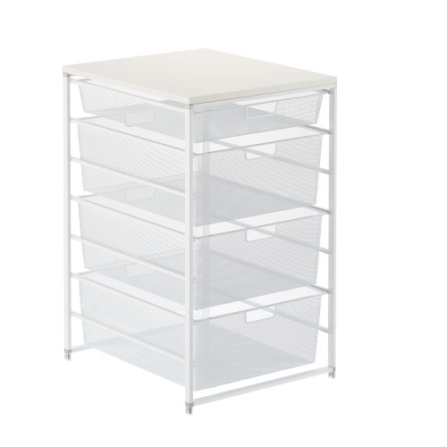 Les Les paniers existent en différentes tailles comme le Panier filet Largeur 55 cm Blanc pour créer une colonne de paniers Elfa